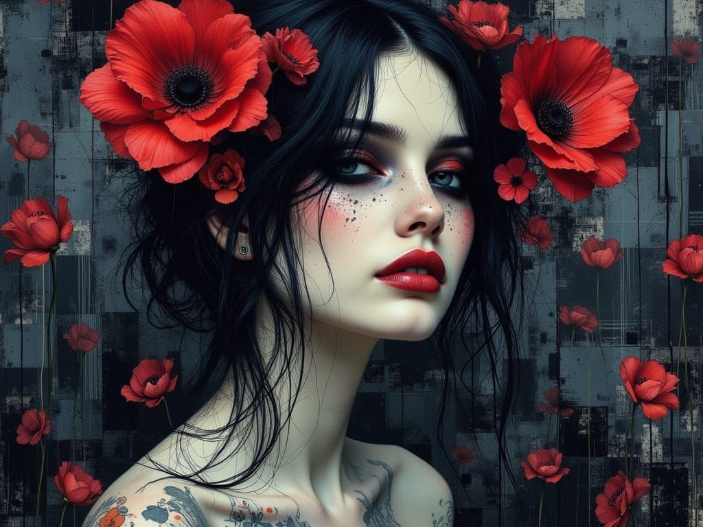 Gothic Woman in Surreal Moonlit Garden