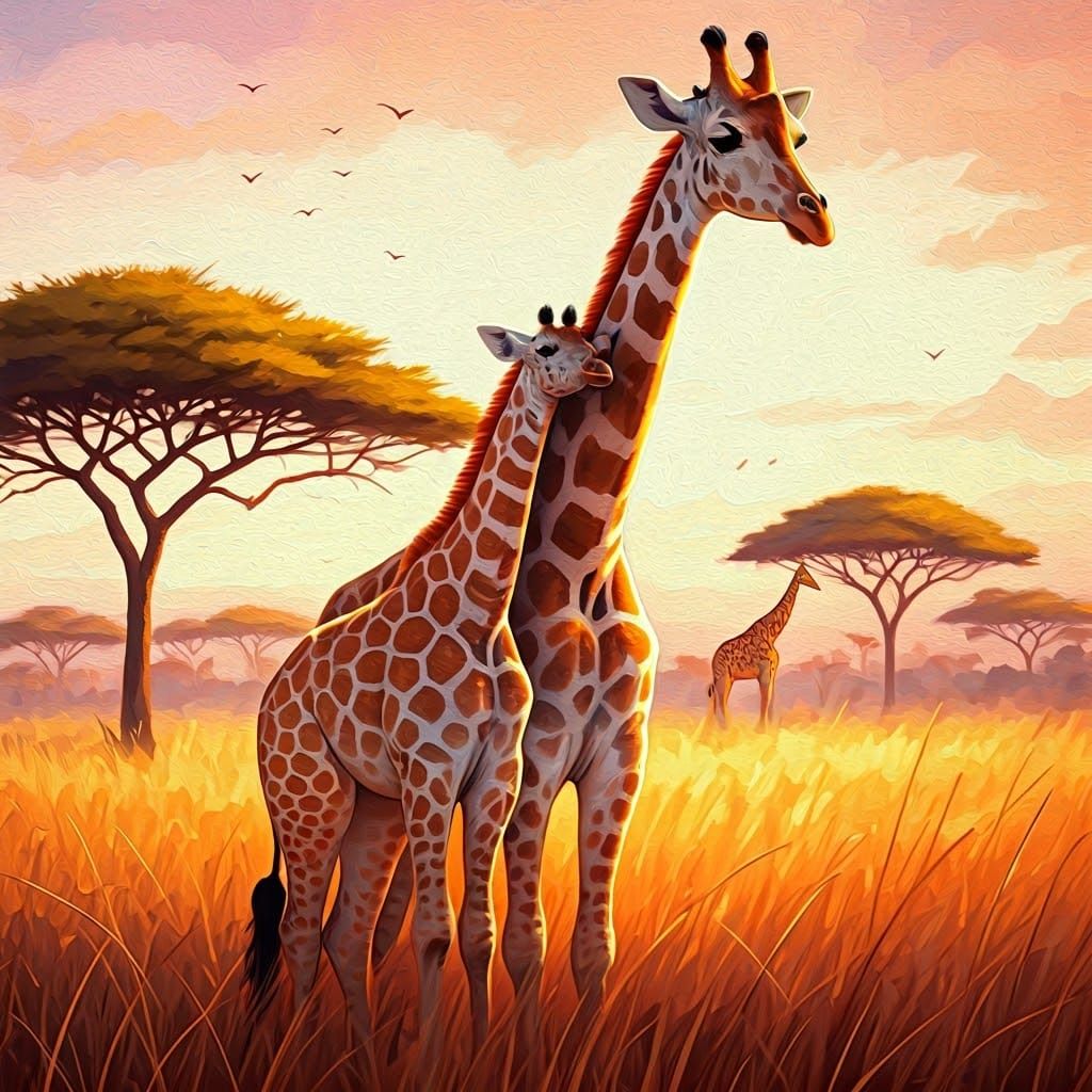 Mother Giraffe and Baby in Warm African Savanna Landscape