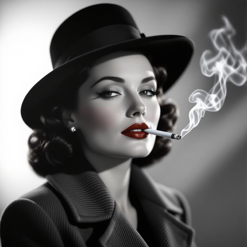 Elegant Woman in 1940s Style, Black and White Photography