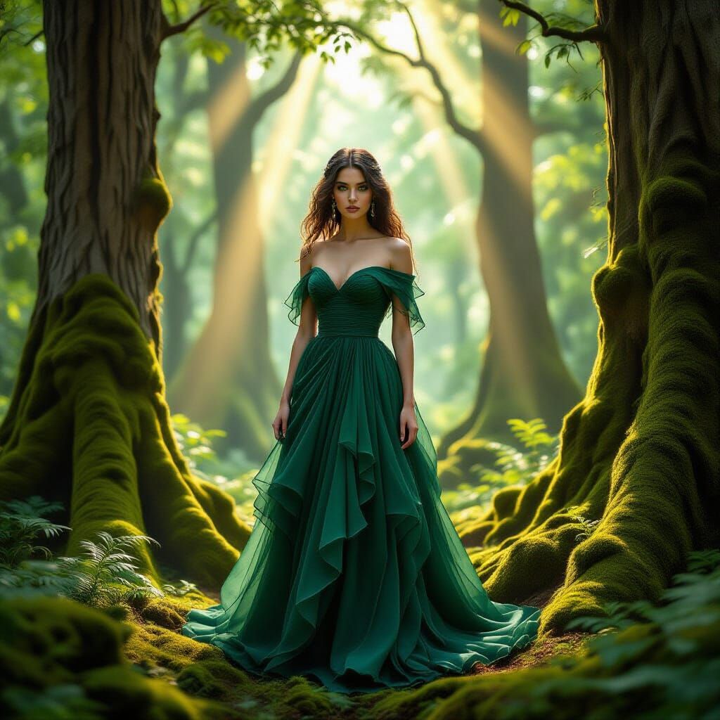 Ethereal Woman in a Sunlit Emerald Forest