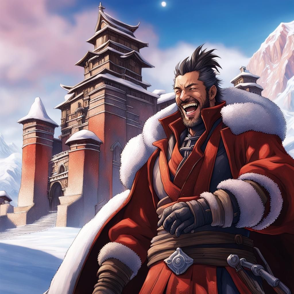 Auron Guards Snow Castle in Hyperrealistic Style