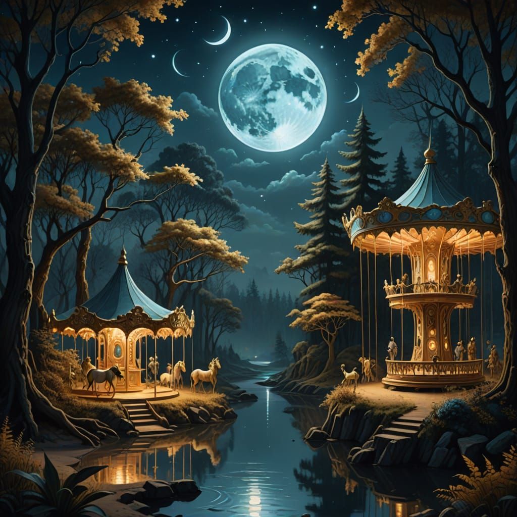Magical Forest Scene with Glowing Moon and Golden River
