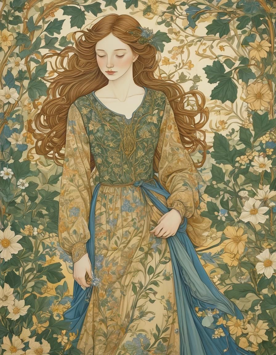 Maiden in Floral Landscape: Arts and Crafts Design