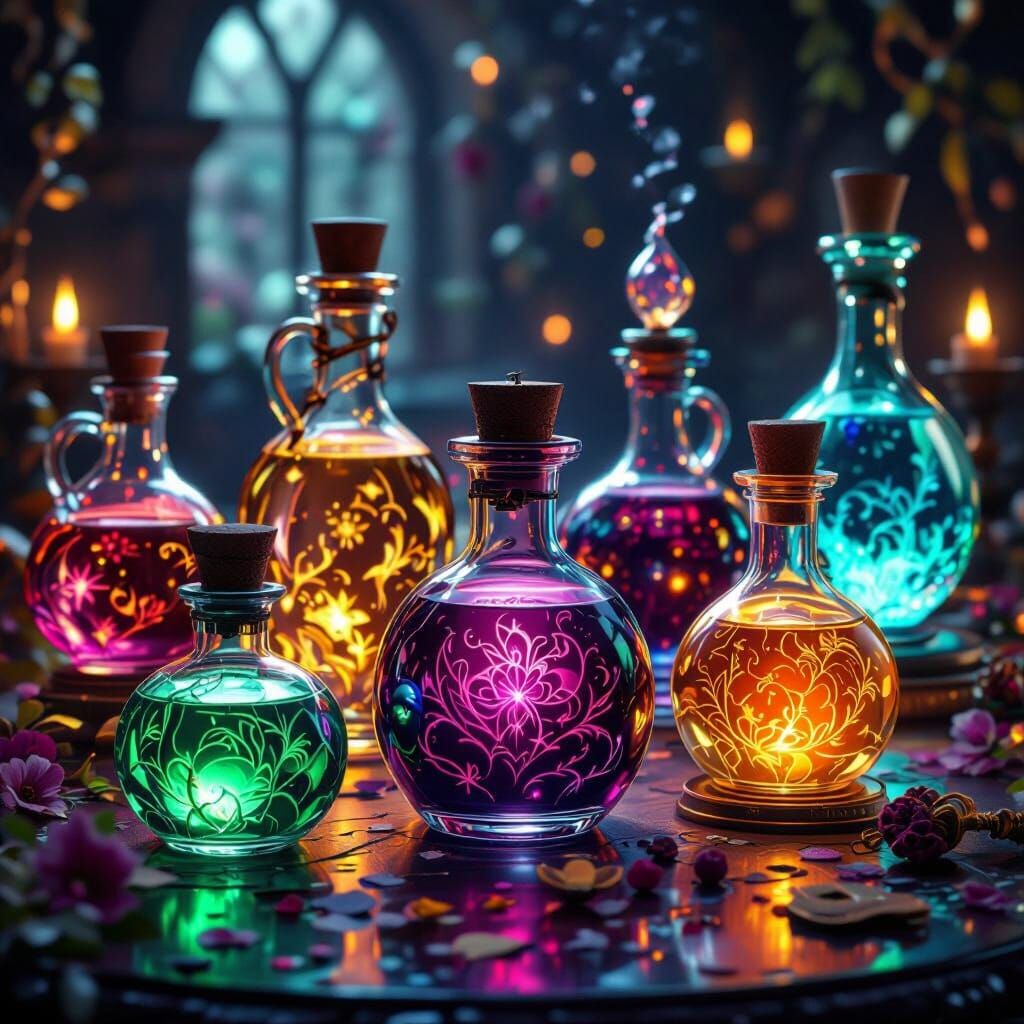 Elegant Magic Potions in Vivid 3D Fantasy Style