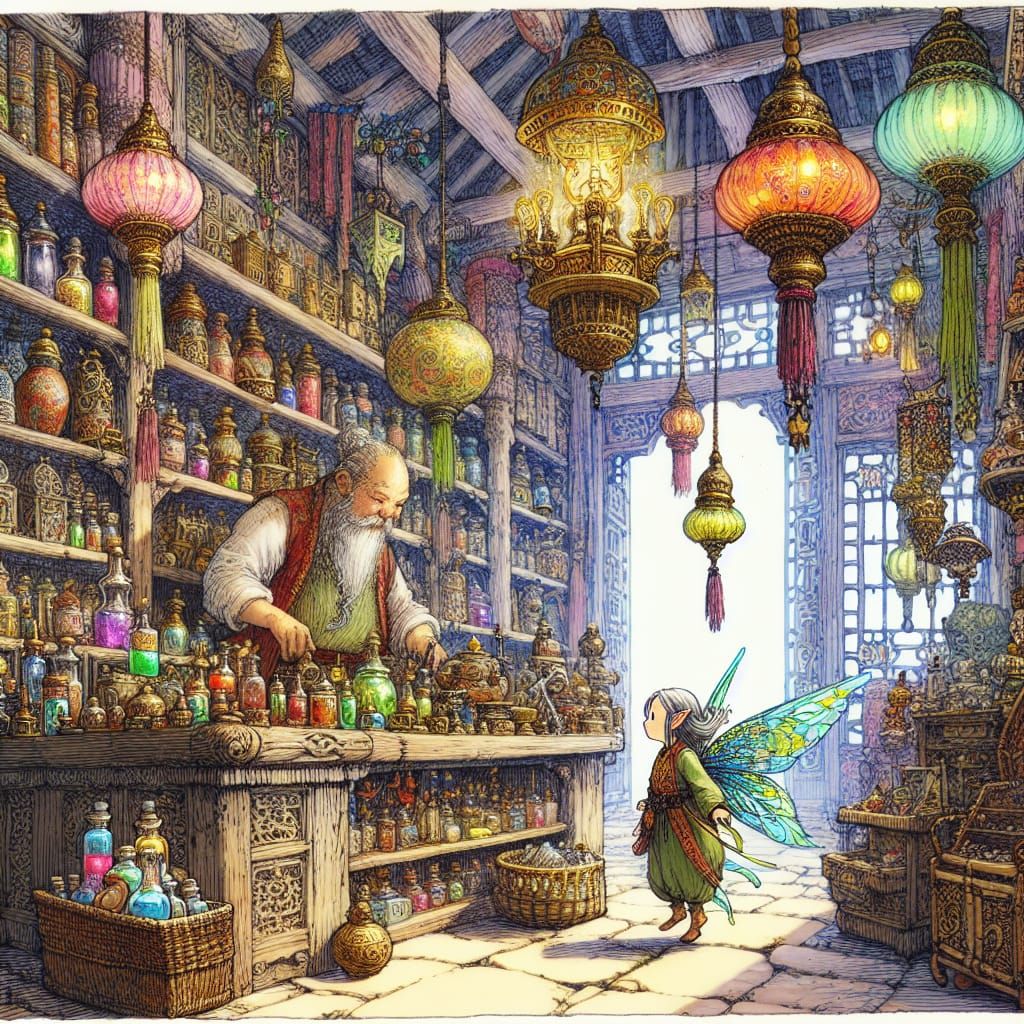 Whimsical Shopkeeper and Fairy in an Enchanted Bazaar