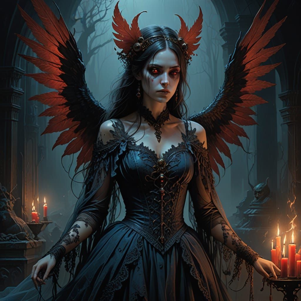 Ethereal Gothic Necromancer in White Gown, Beside Dark Demon...