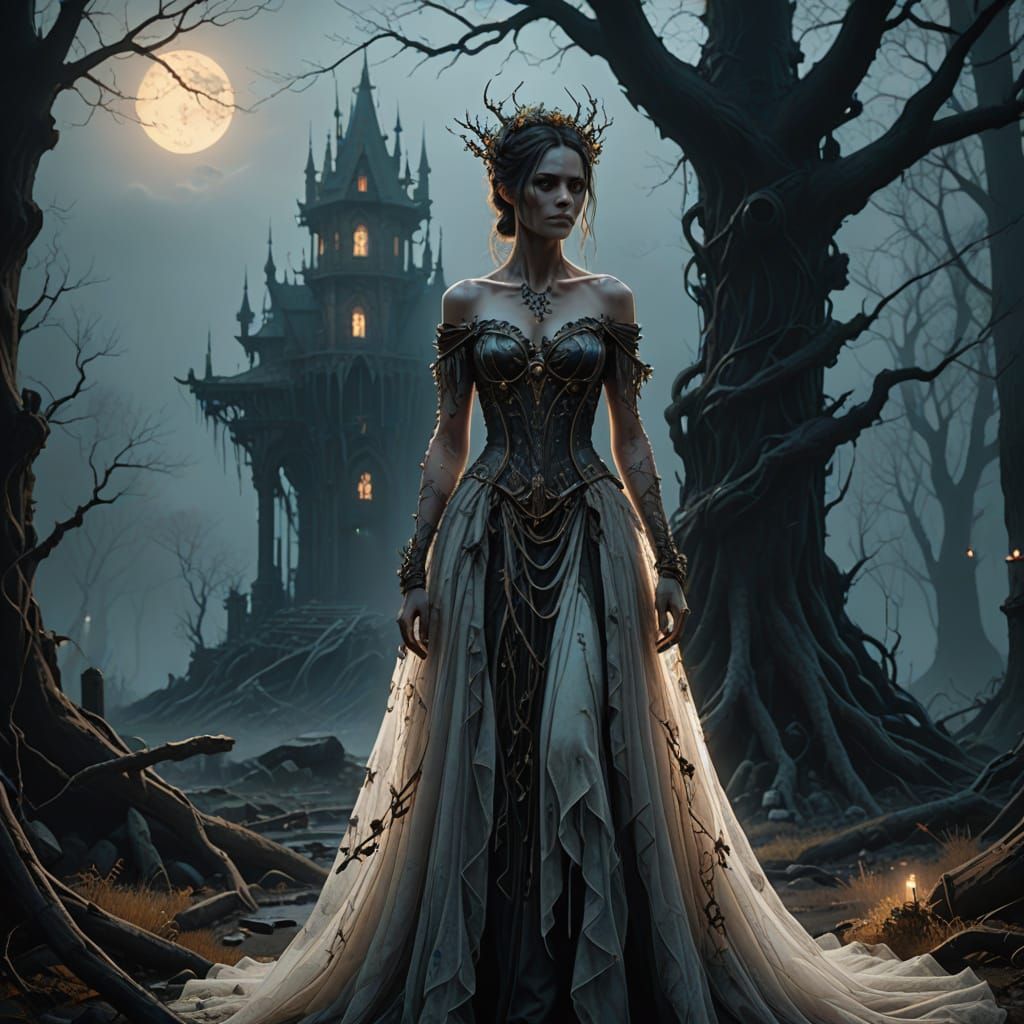 Ethereal Gothic Sorceress Gazes at her Mischievous Demon Com...