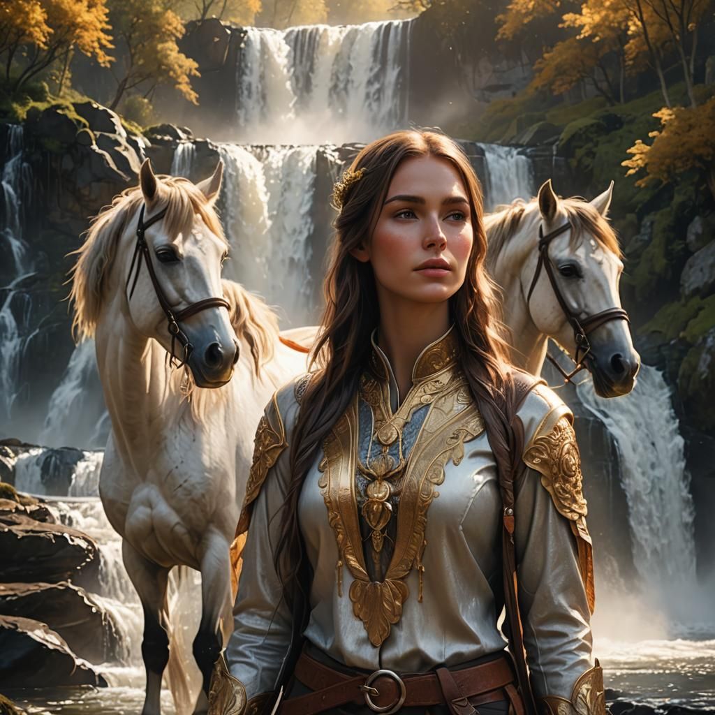 Girl with Horses by Waterfall: Digital Art