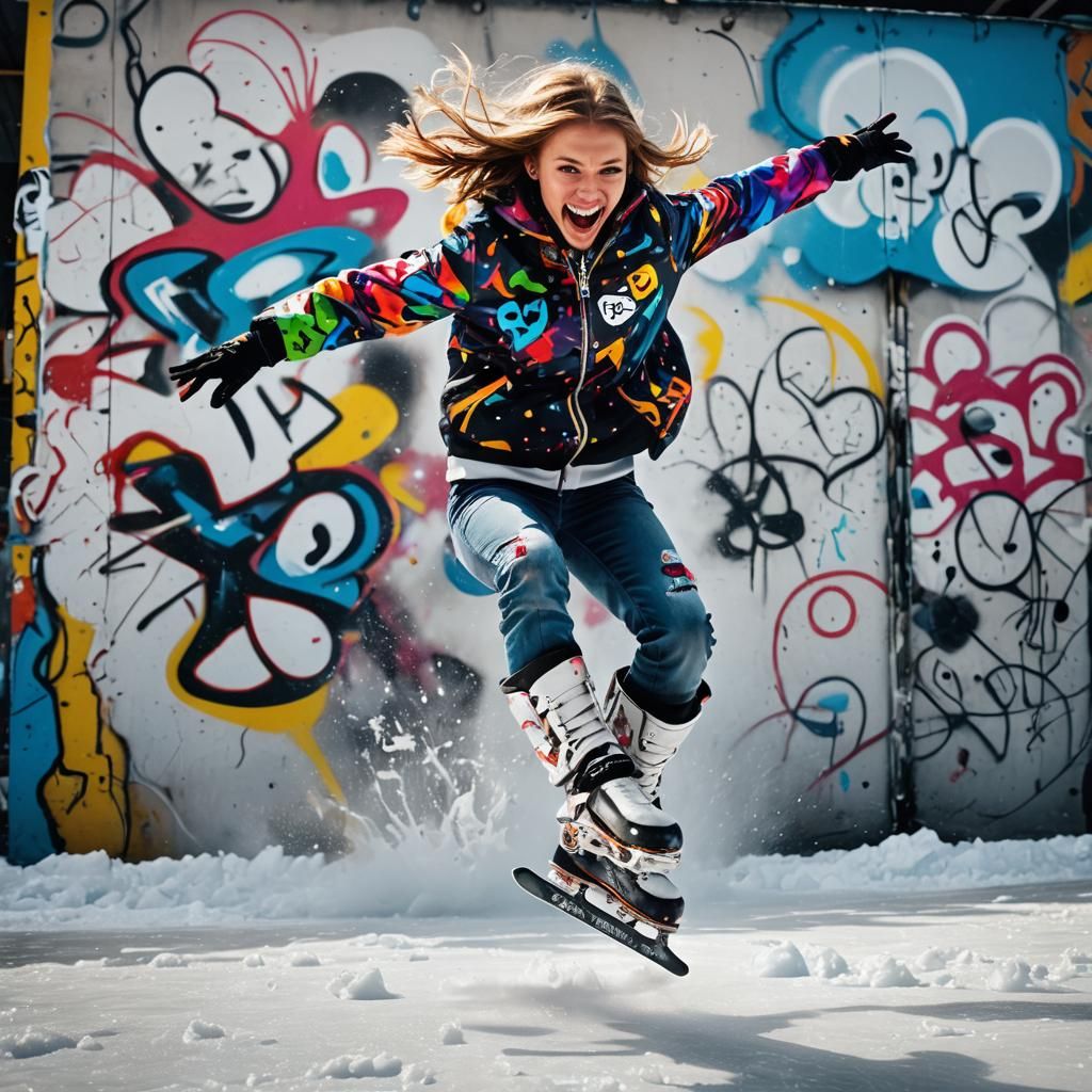 Dynamic Figure Skater's Quad Jump in Street Art