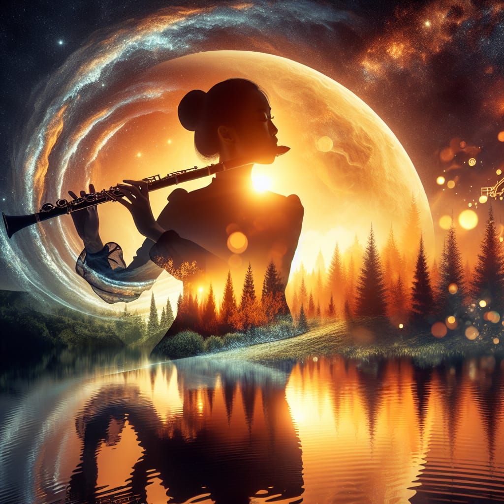 Silhouette of Woman Playing Clarinet in Double Exposure