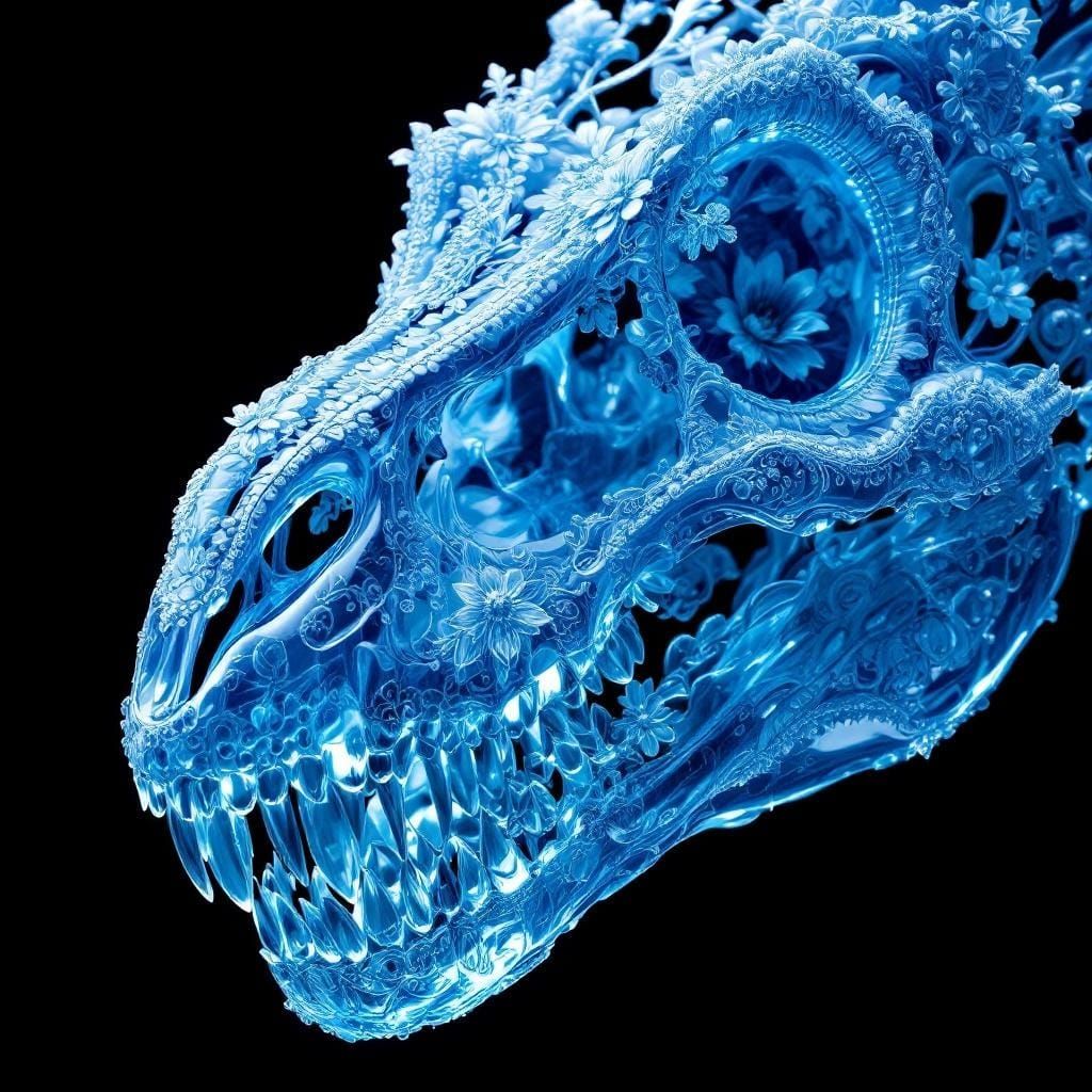 Blue Glass Dinosaur Skull with Floral Filigree
