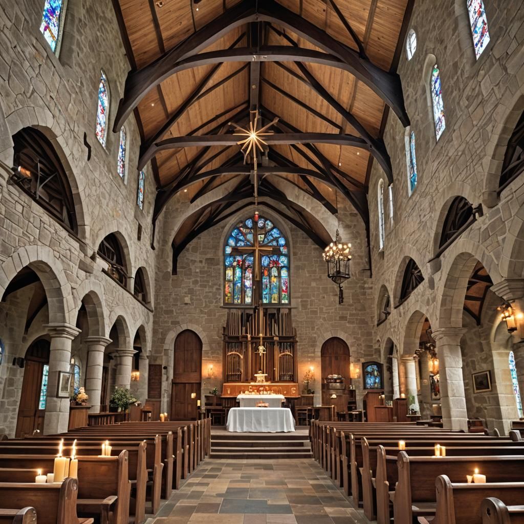 "The Timeless Vintage Church." This serene church features weathered stone walls, stained-glass windows, and a high vaul...