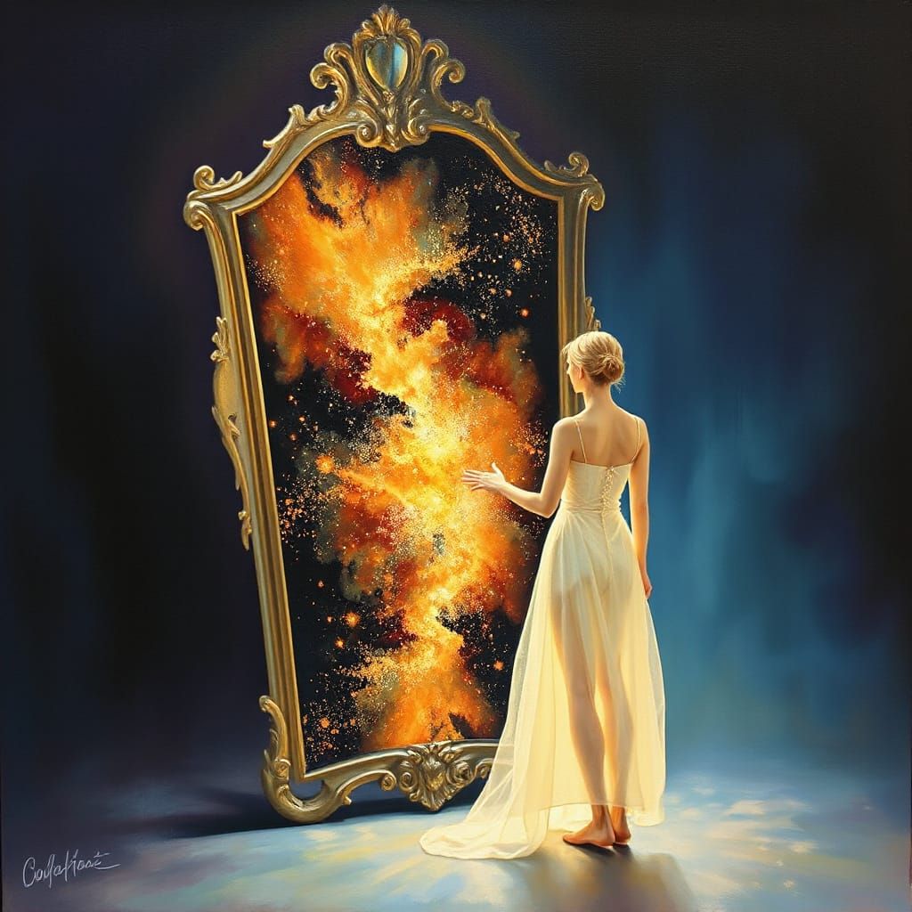 Ethereal Figure Confronts Cosmic Reflection in Surrealist Oi...
