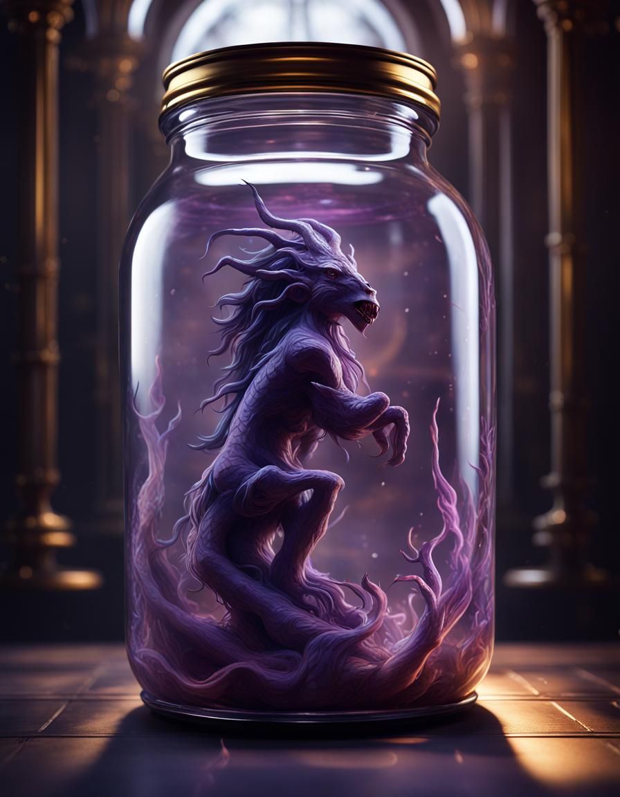Mythical Creature in Jar: Dark Fantasy Concept Art