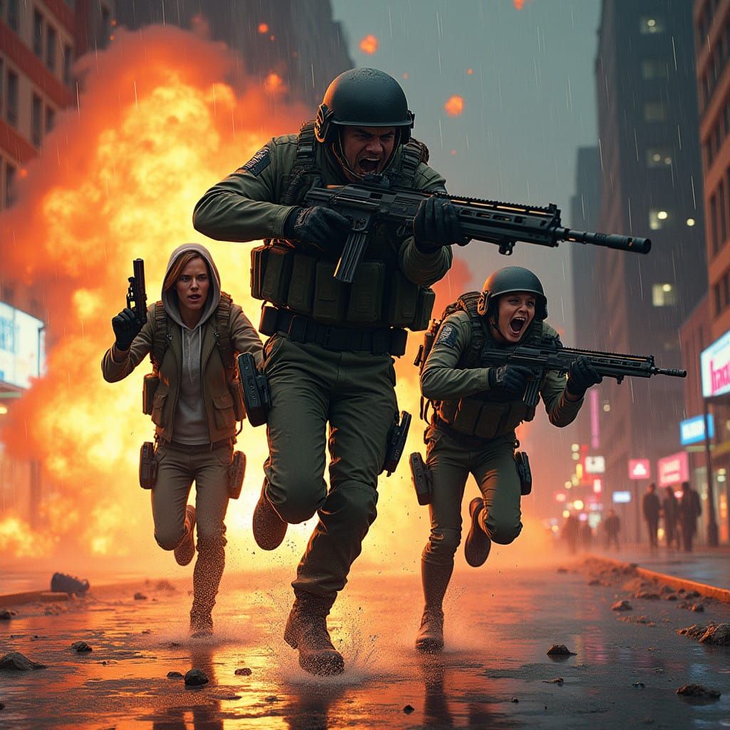 Cyberpunk Soldier Leaps from Explosion in Neon City