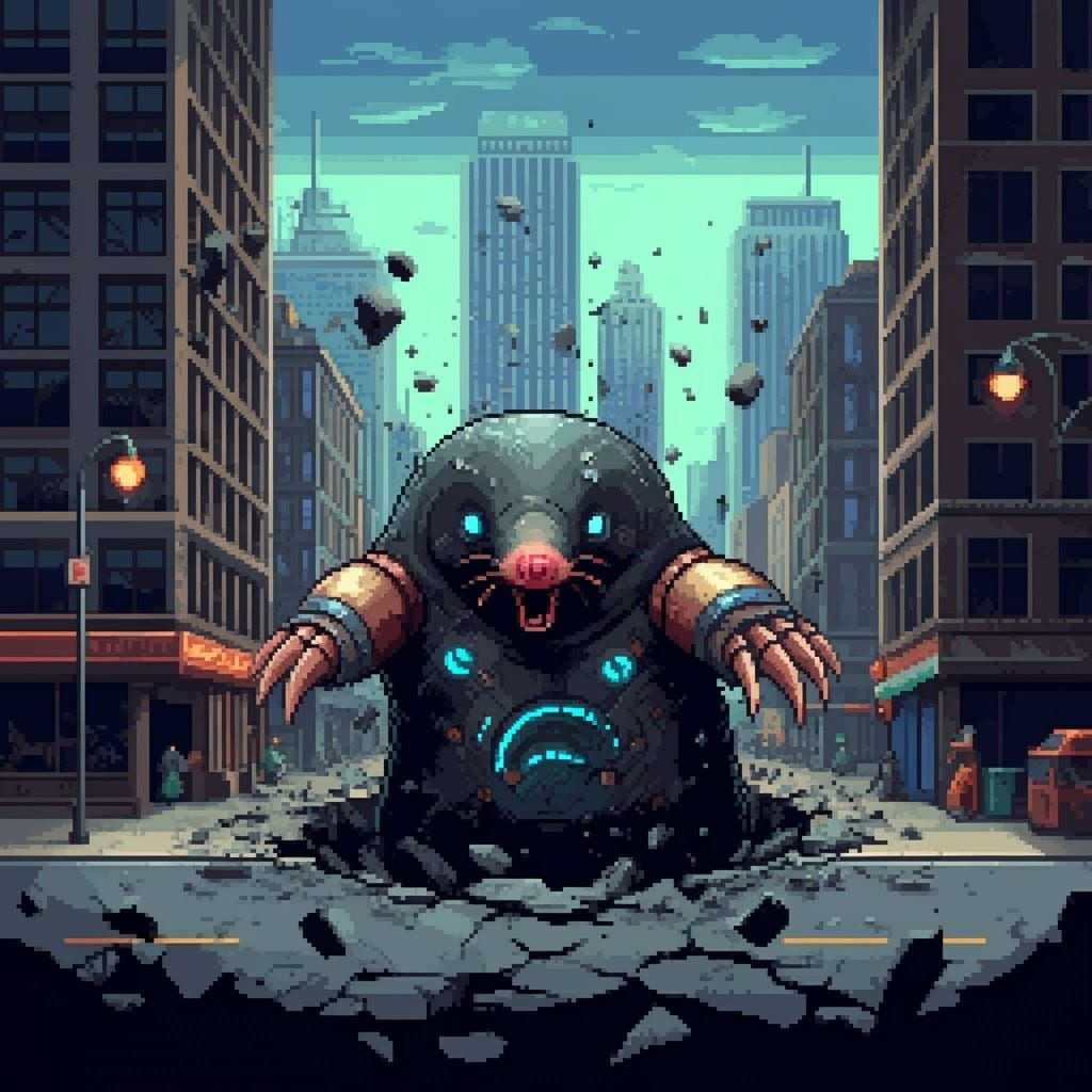 Furious Cyborg Mole Erupts in 8-Bit City