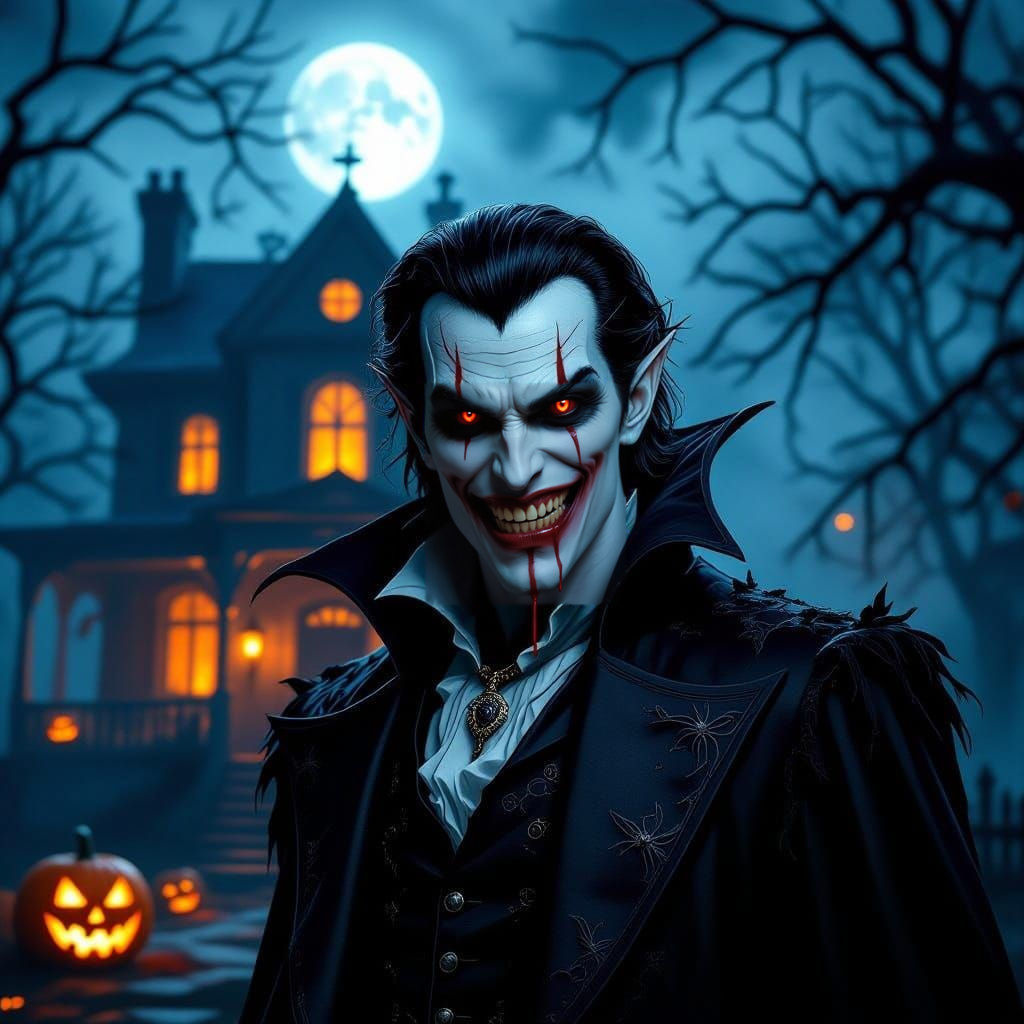 Scary Vampire Before Haunted House on Halloween Night