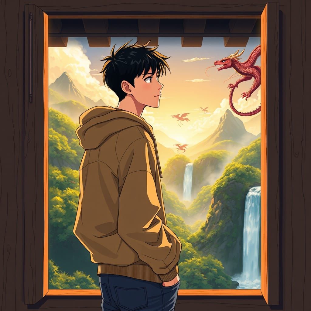 Serene Young Man Contemplates Vibrant Fantasy Landscape