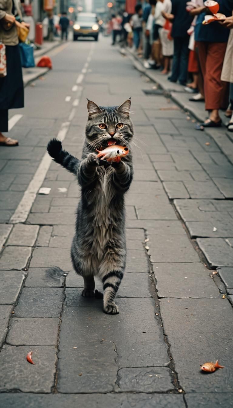 Gray Cat in 1970s Hong Kong With Fish