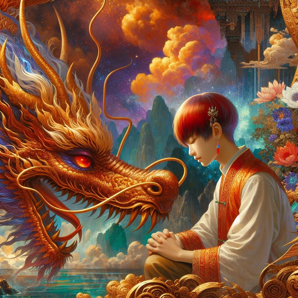 Girl and Golden Dragon Fantasy Concept Art
