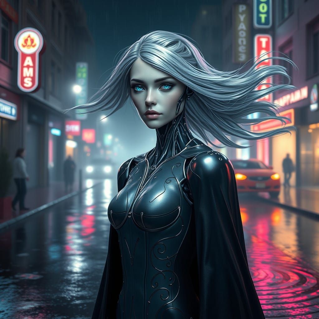 Mystical Russian Robot Goddess Shines on Rainy City Night
