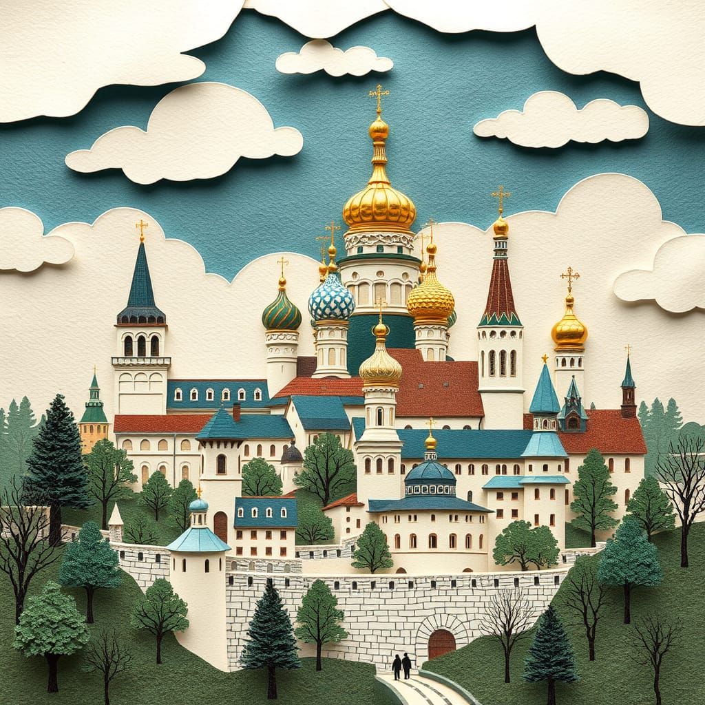 Medieval Kyiv,  depicted using layers of cut paper, onion-do...