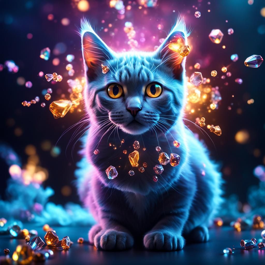 Crystallized Cat with Cosmic Energy in CGI Style