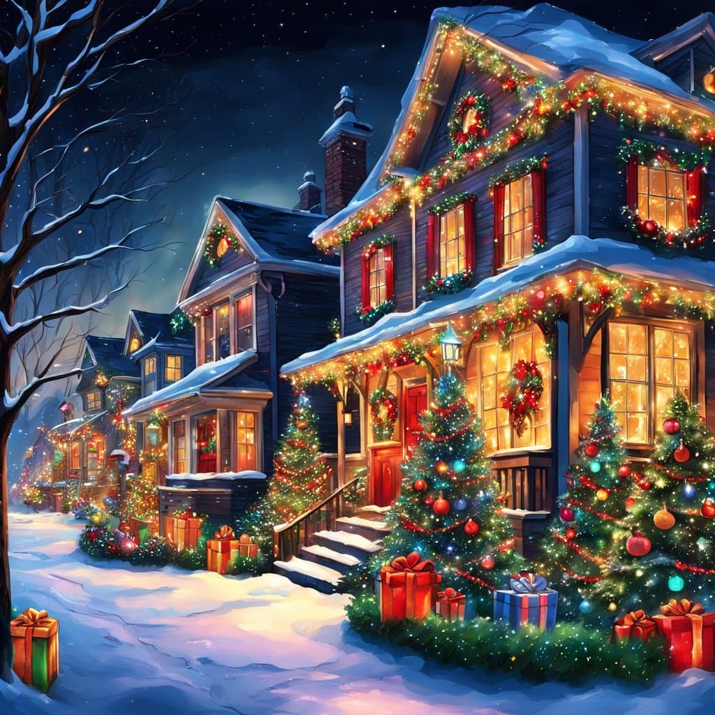 Stunning Houses Under Festive Christmas Lights on a Winter N...