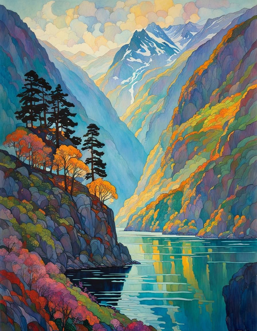 Norwegian Fjord Painting in Art Nouveau Style