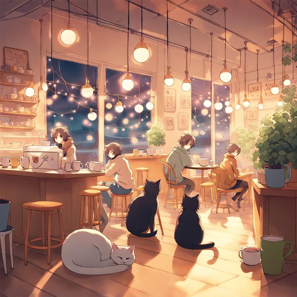 Cozy Anime Cat Café in Watercolor Style