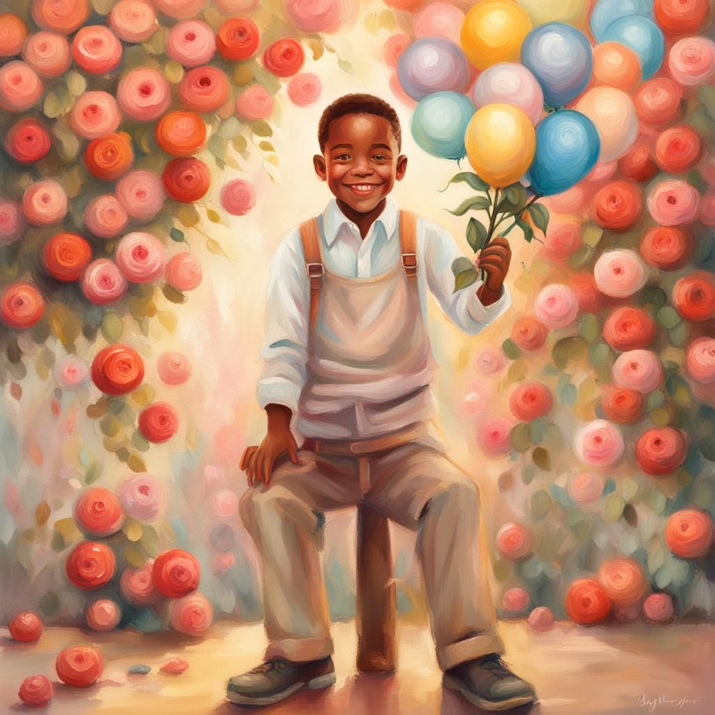 Boy Holds Rose: Whimsical Oil Painting Portrait