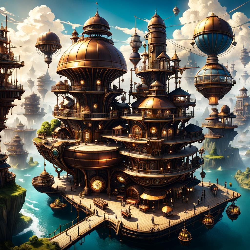 Steampunk Sky Island with Floating Vehicles