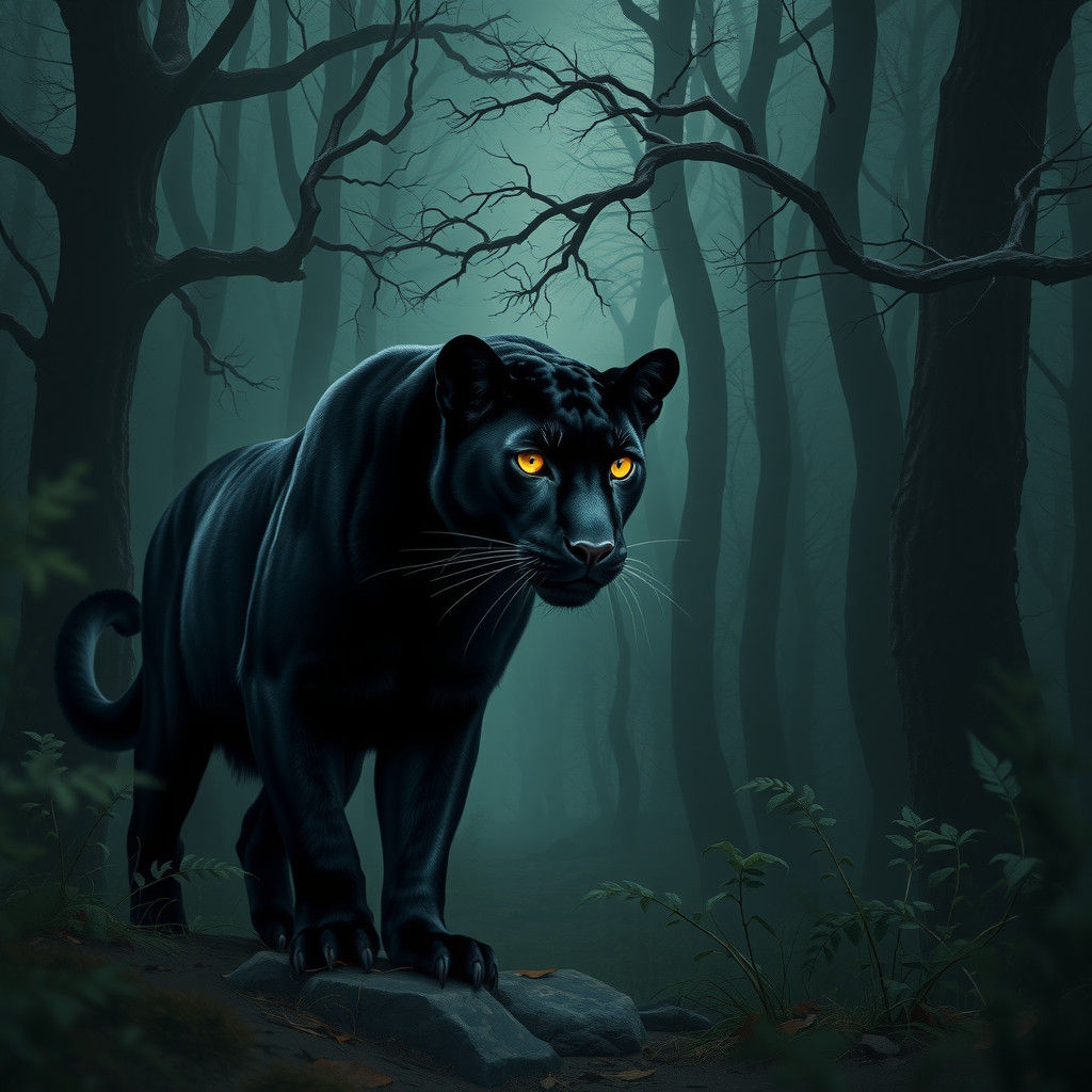 Black Panther in Misty Forest, Atmospheric Lighting
