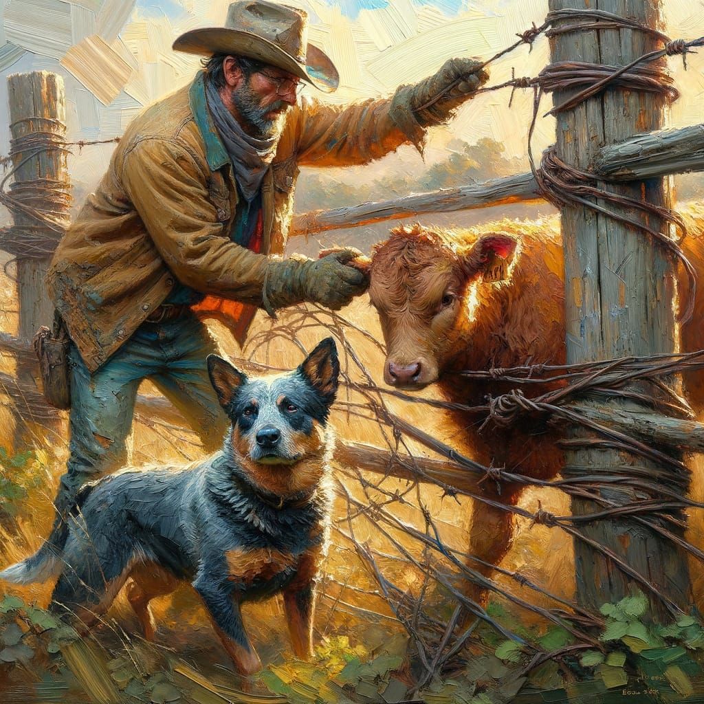 Fence-Line Rescue: Farmer and Dog Save Calf as Impasto Paint...