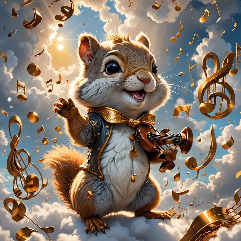 Cute Squirrel Dancing on Musical Note, Hyperdetailed Art