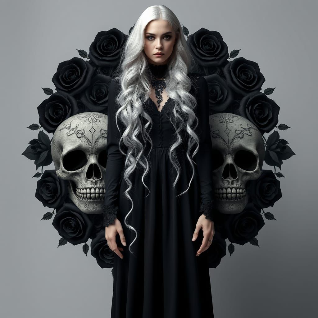Elegant Gothic Goddess Amidst Dark Roses