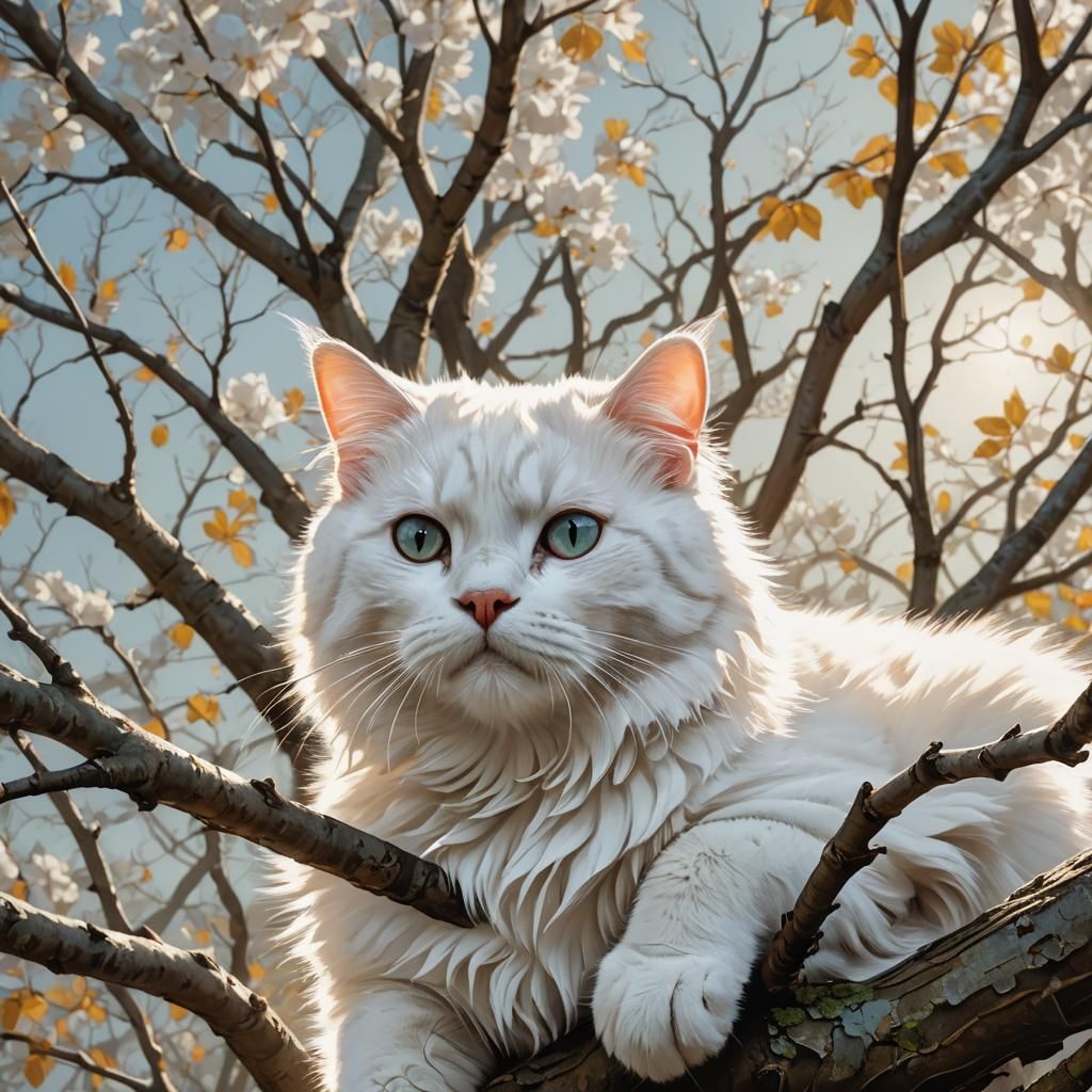 White Cat on Branch in Hyperrealistic Digital Art