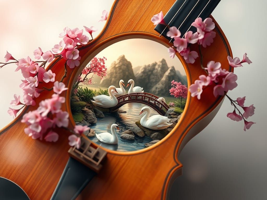 Violin Diorama with Cherry Blossoms and Swan Lake
