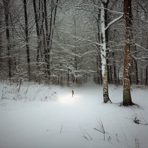 Lone Rider in Snowy Forest at Dusk