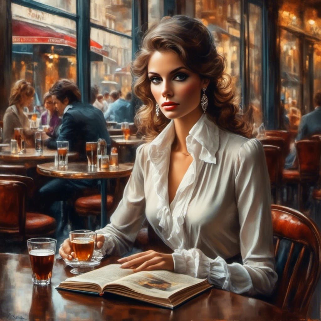 Parisian Cafe Woman: Oil Painting in 1970s Style