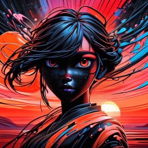 Silhouette Portrait with Colorful Splashes and Sunset