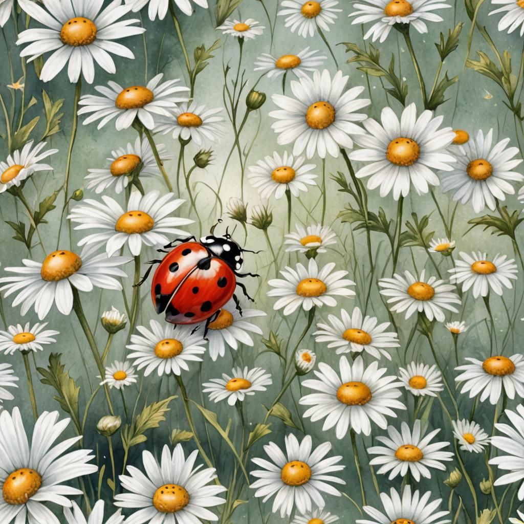 Ladybug on Daisies: Storybook Watercolor Illustration