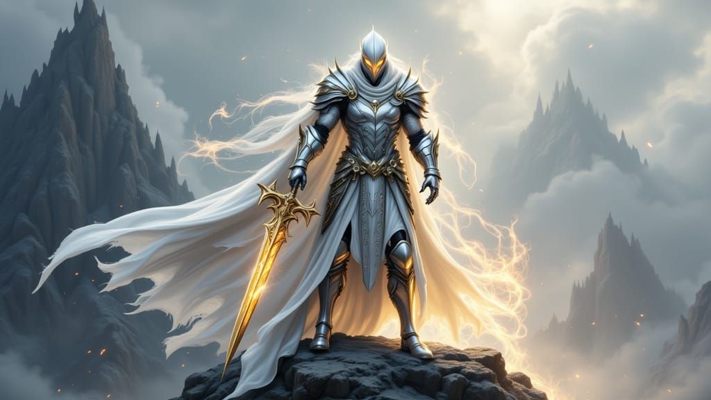 Victorious Knight in White Armor on Mountain Peak