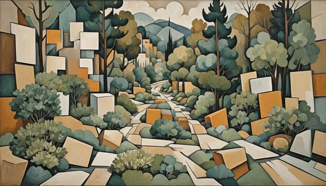 Abstract Cubist Landscape Painting in Earth Tones