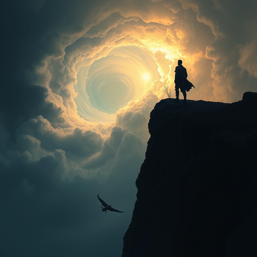 Silhouetted Figure Reaching for Swirling Clouds