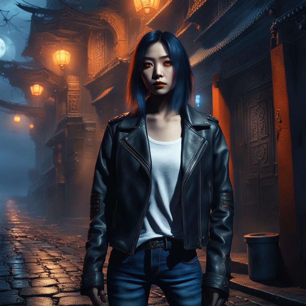 Chinese Vampire in Misty Alleyway: Fantasy Concept Art