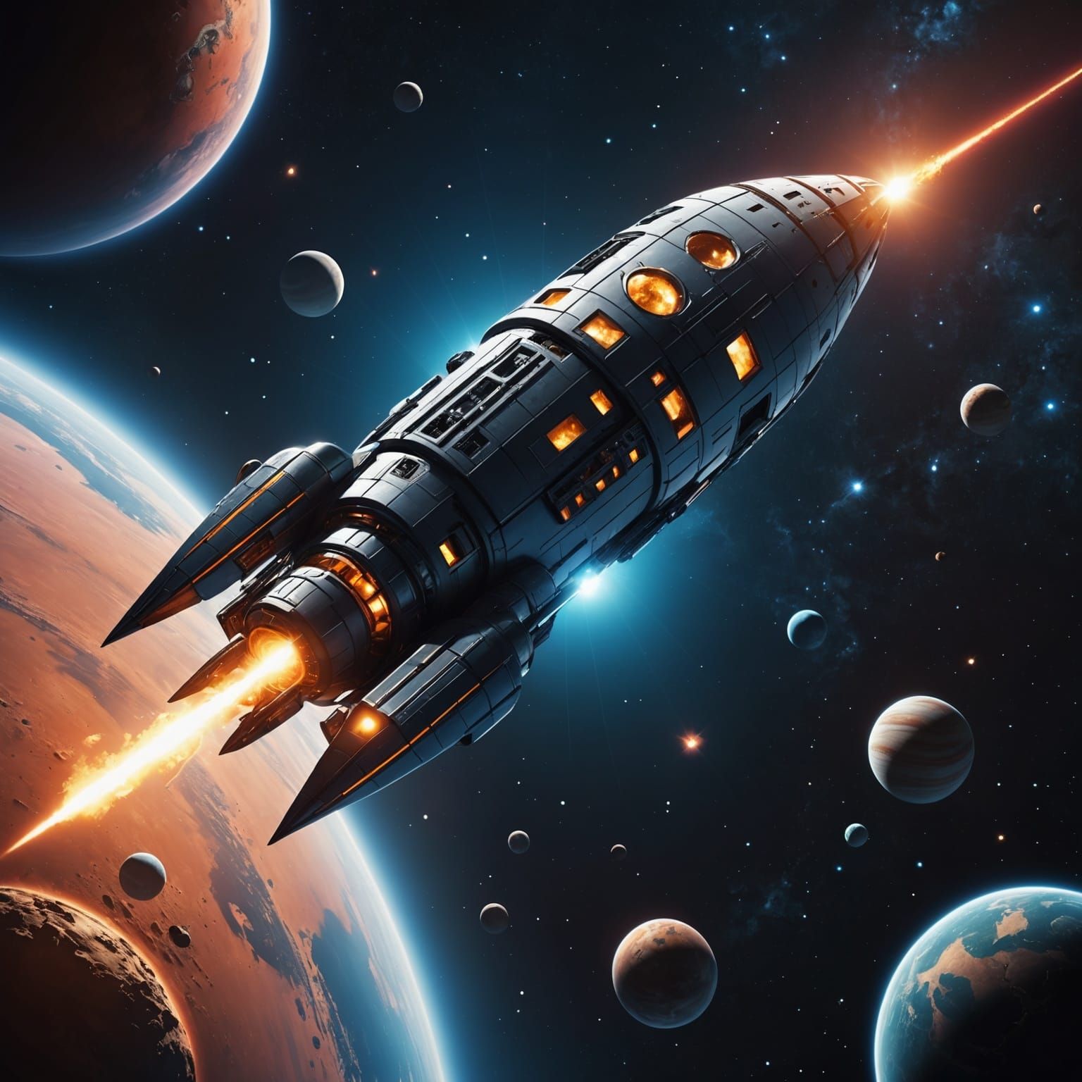 Toy Spaceship Soaring Through Space: Digital Art