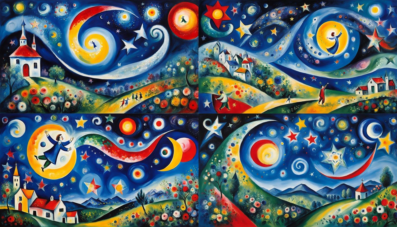 Swirling Stars in Orbit: Naive Art Oil Painting