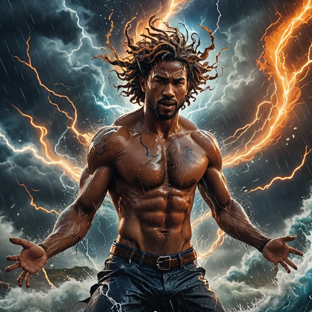 Shirtless Man Dancing in Hurricane: Fantasy Concept Art