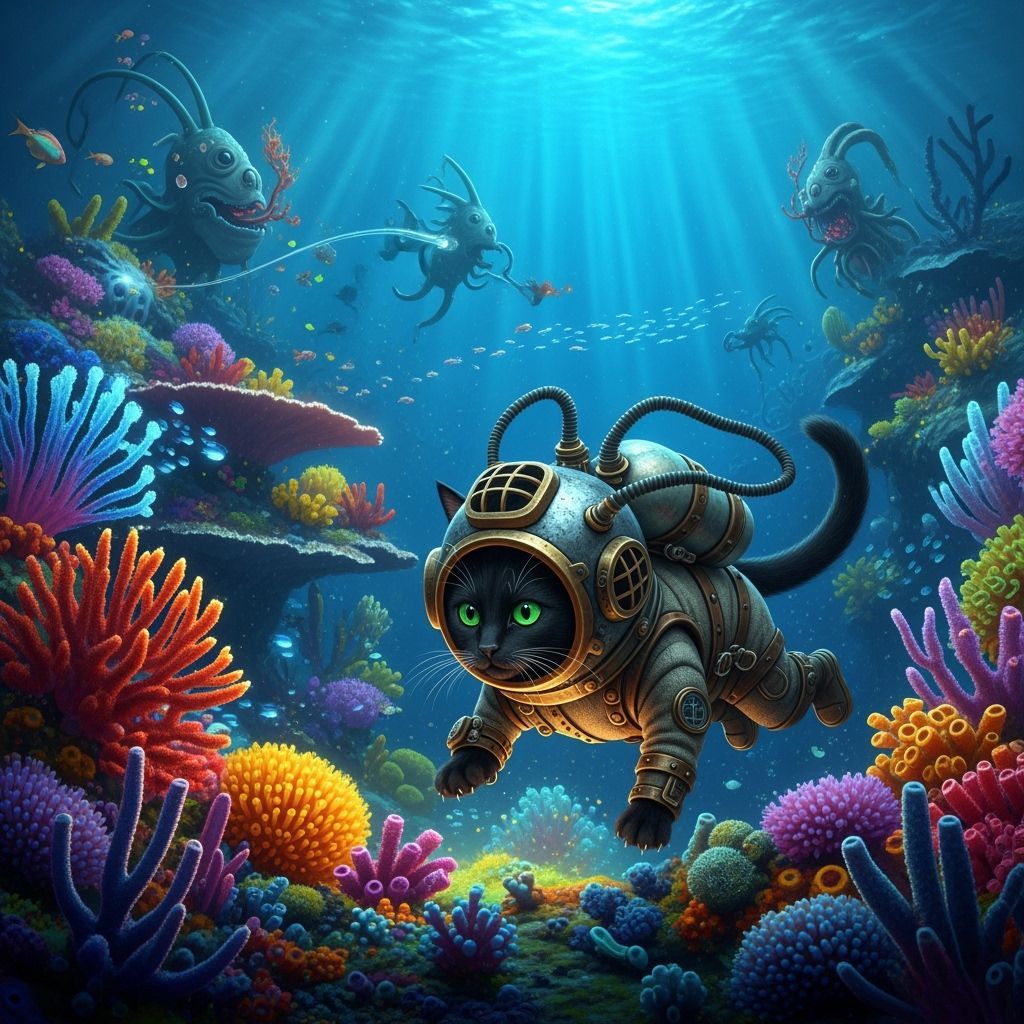 Black Cat Explores Coral Reef in Diving Suit